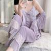 Autumn Winter Velvet 3PCS Pajamas Set Sleepwear Sexy Lace Bathrobe Trouser Suits Loose Casual Velour Home Clothing Loungewear