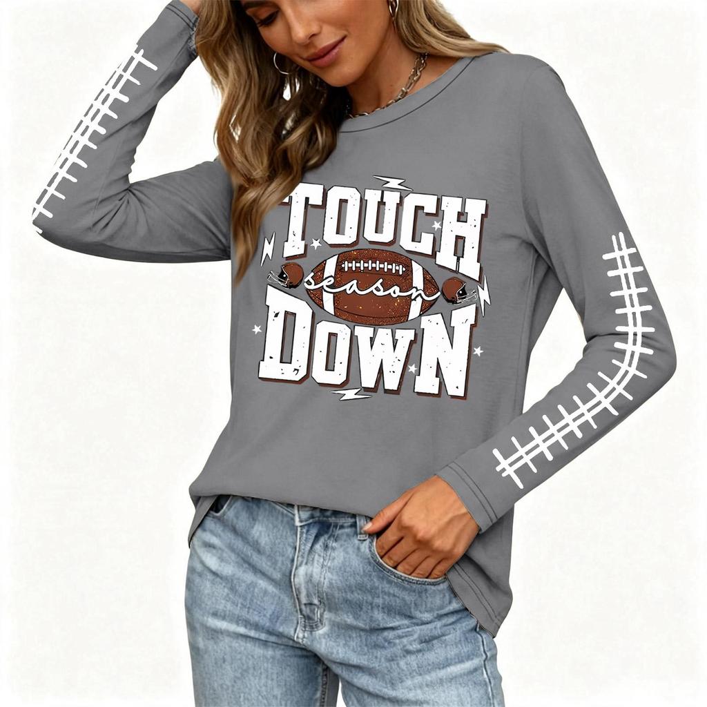 Casual Dames Top met Lange Mouwen, Rugbyprint, Ronde Hals en Gespleten Zoom voor Dagelijks Gebruik