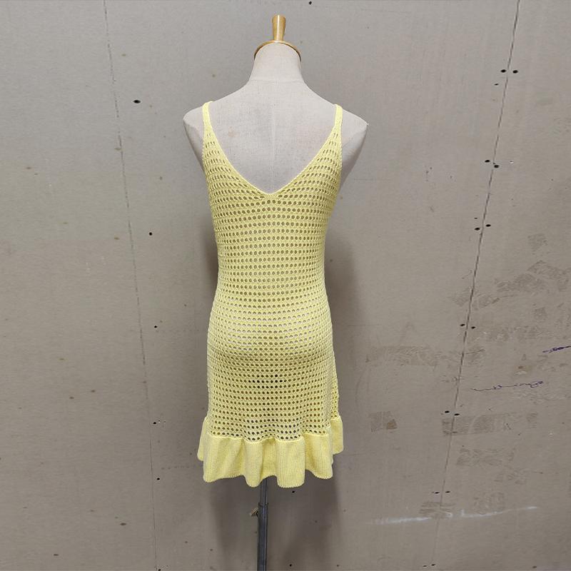 Summer Women Knitwear Knit Ruffled Hollow Out Mini Dress Female V Neck See Through Holiday Beach Casual Clothes Dress