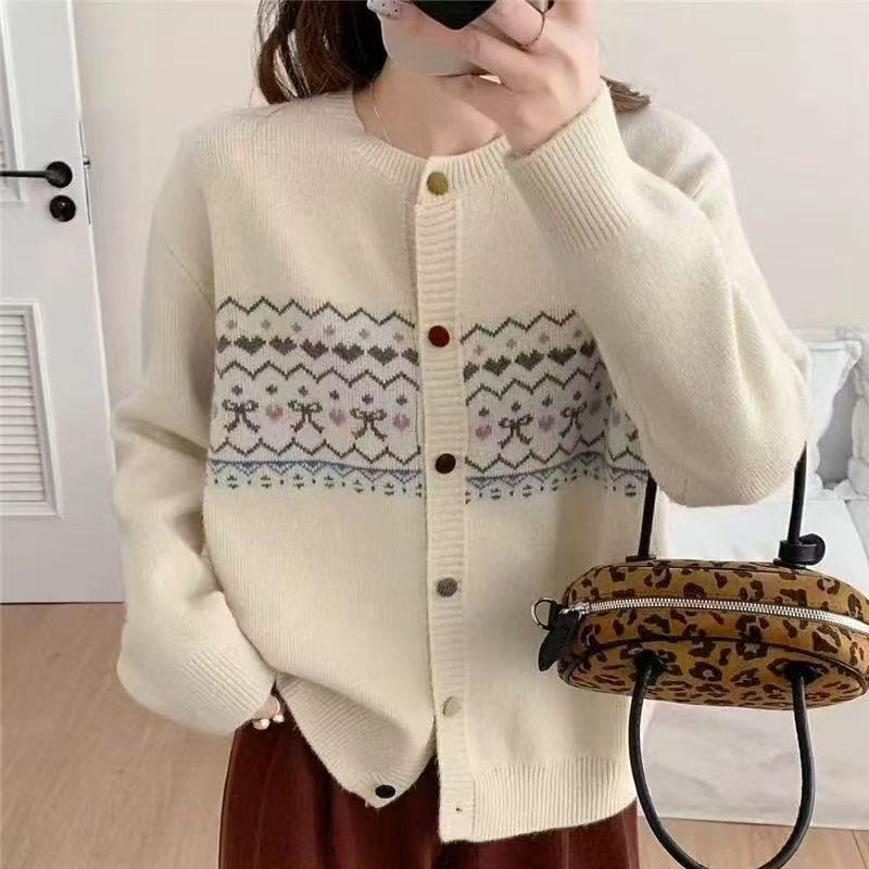 Korean Style Bow Heart Jacquard Knit Cardigan for Women - Spring/Autumn