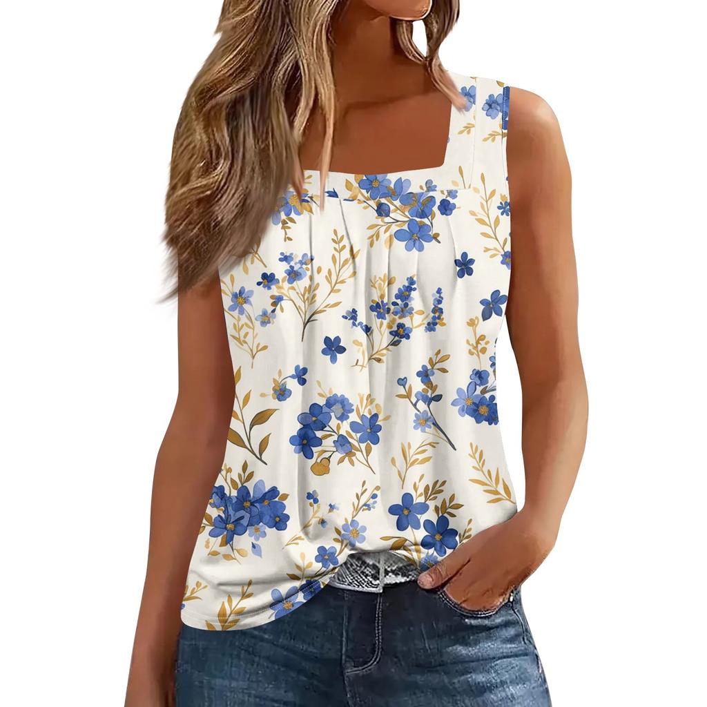 Dam Mode Casual Plisserad Fyrkantig Krage Ärmlös Väst Tryck Sommar T-shirt