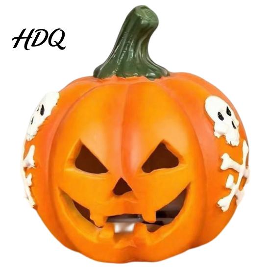 Buitenhars Herfstdecoratie Spookachtige Verlichte Pompoen Beeldje, Halloween Gegraveerd Verlicht Weerbestendige Accenten Beeld voor Tafelblad Binnen Tuin