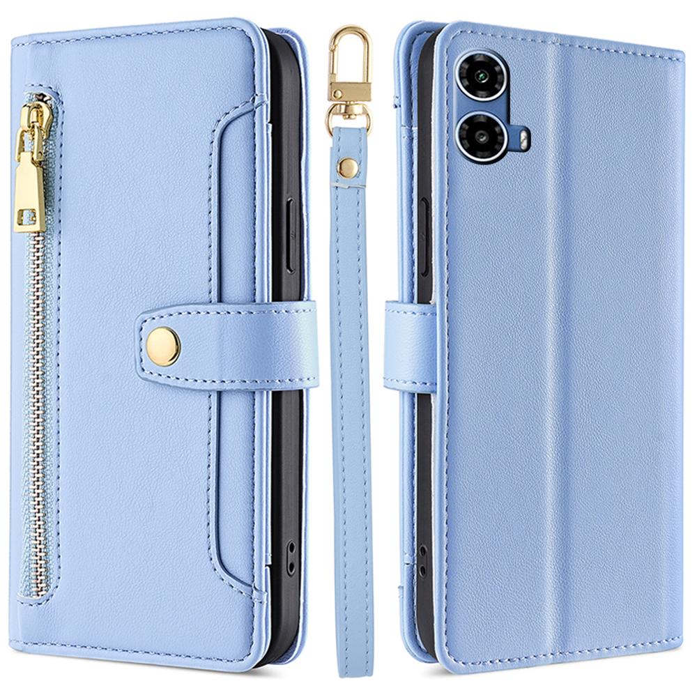 For Motorola Moto G45 5G/G34 5G Leather Case with Shoulder Strap Zipper Wallet Phone Cover