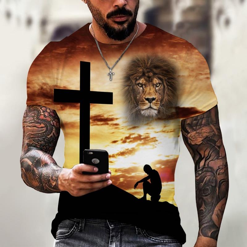 Jesus Pattern Lion 3D Printed Summer Men's O-Neck
