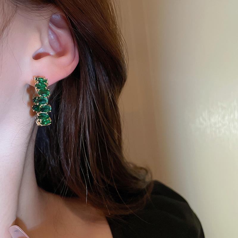 Emerald Oval Crystal Hoop Earrings for Women Fashion Rhinestone Design Circle Earrings 2023 Trend Girls