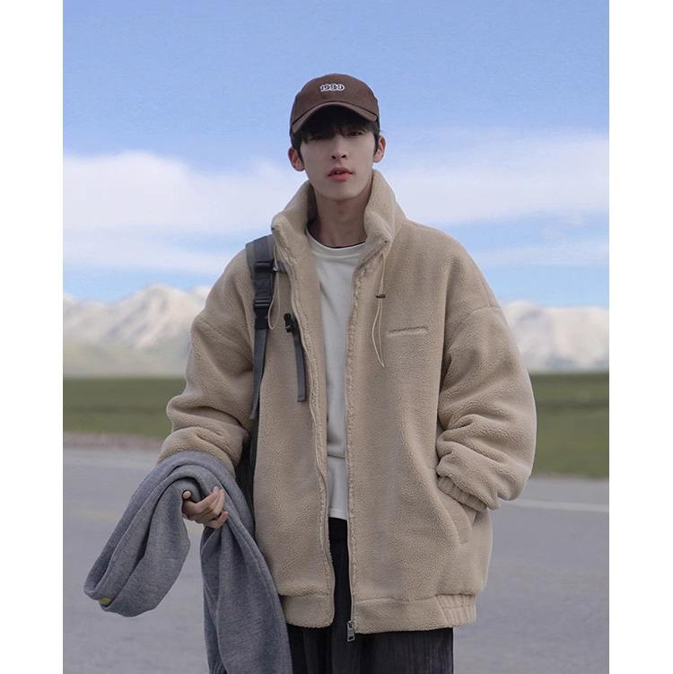 Men's Thickened Cotton-Padded Fleece Jacket, Stand Collar, Loose Fit, Warm Outerwear for Fall/Winter Students.