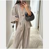 Causal Oversized Solid Pant Suit Women Single Button Long Sleeve V-neck Shirt Set Summer Casual Lady Streetwear