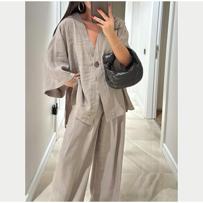 Causal Oversized Solid Pant Suit Women Single Button Long Sleeve V-neck Shirt Set Summer Casual Lady Streetwear