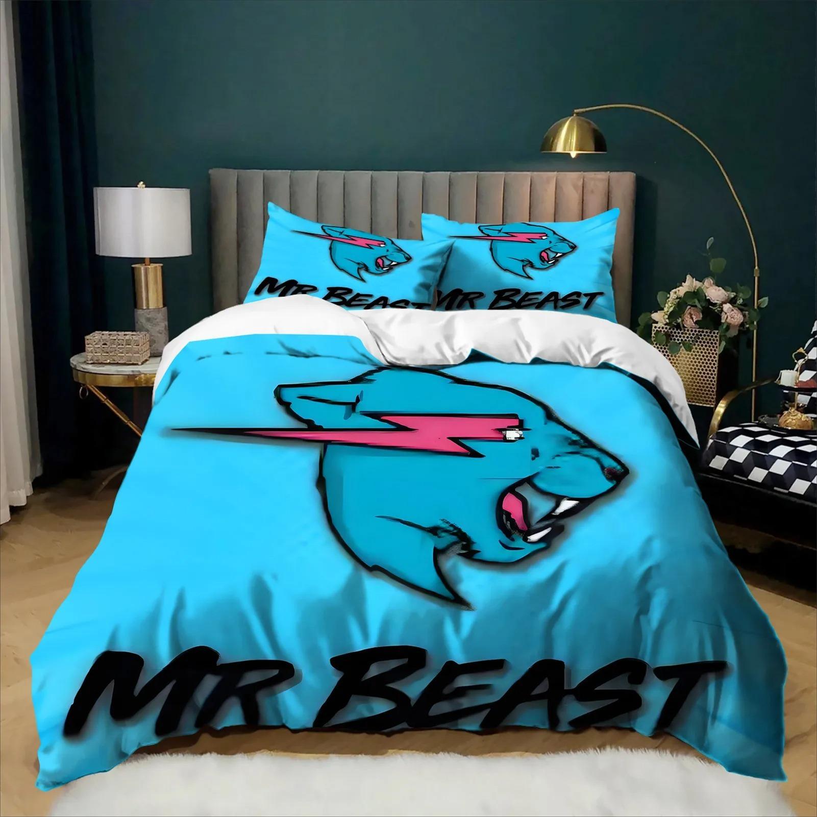 Housse de couette taie d'oreiller logo dessin animé Mr B-Beast Ensemble de literie anime pour enfants adultes tailles simple double grande décoration de chambre cadeau 100x135cm (2pcs)
