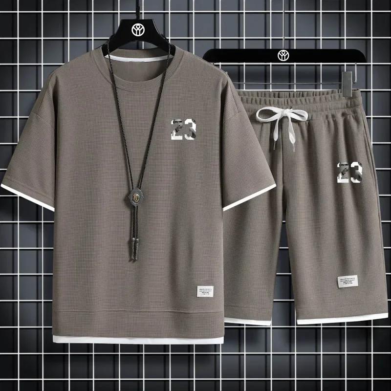 Set de pantaloni scurți pentru bărbați cu imprimeu waffle, 2 articole sport largi, stil Harajuku, modă de vară
