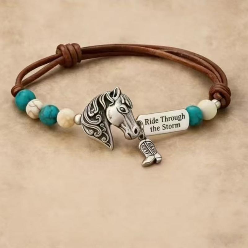 Adjustable Rope Bracelet With Turquoise Beads And Horse Pendant Handchain Jewelry For Casual Or Festival Wear