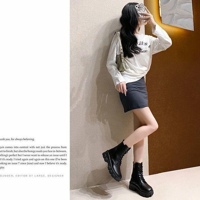 Matte Black Martin Boots Women's  Heightened Side Zipper Short Boots Martin Boots Women's Outer Wear European and American Style