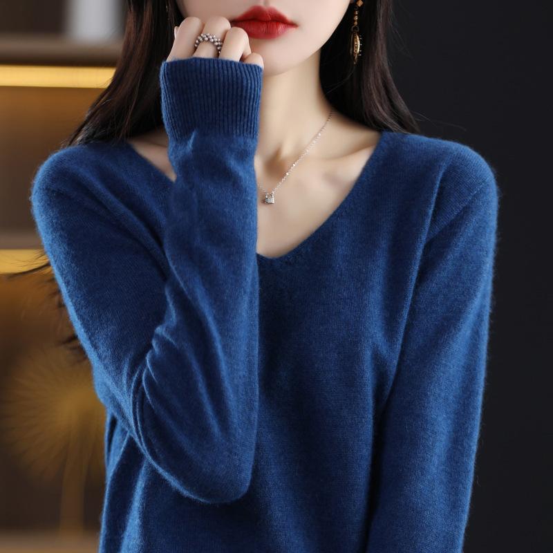 Dámský svetr podzim zima pletený svetr s výstřihem do V Košile s volným dnem jednobarevné měkké úplety svetry Základní svetry