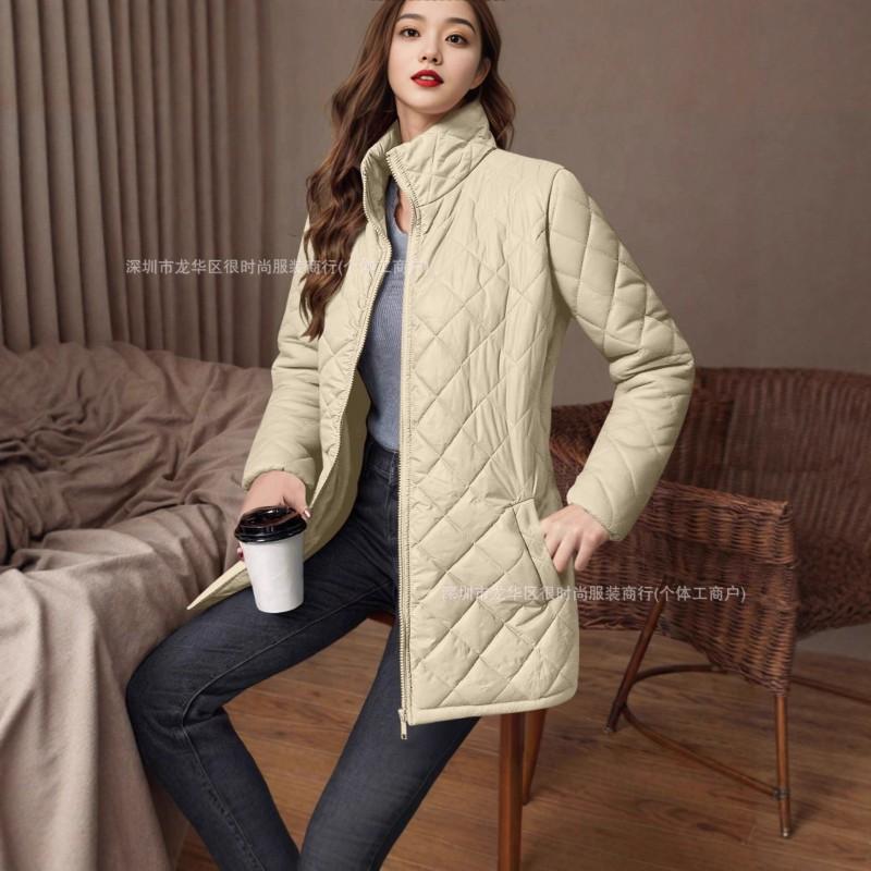 2026 Solid Color Quilted Long Sleeve Cotton Jacket Women Streetwear Mid Length