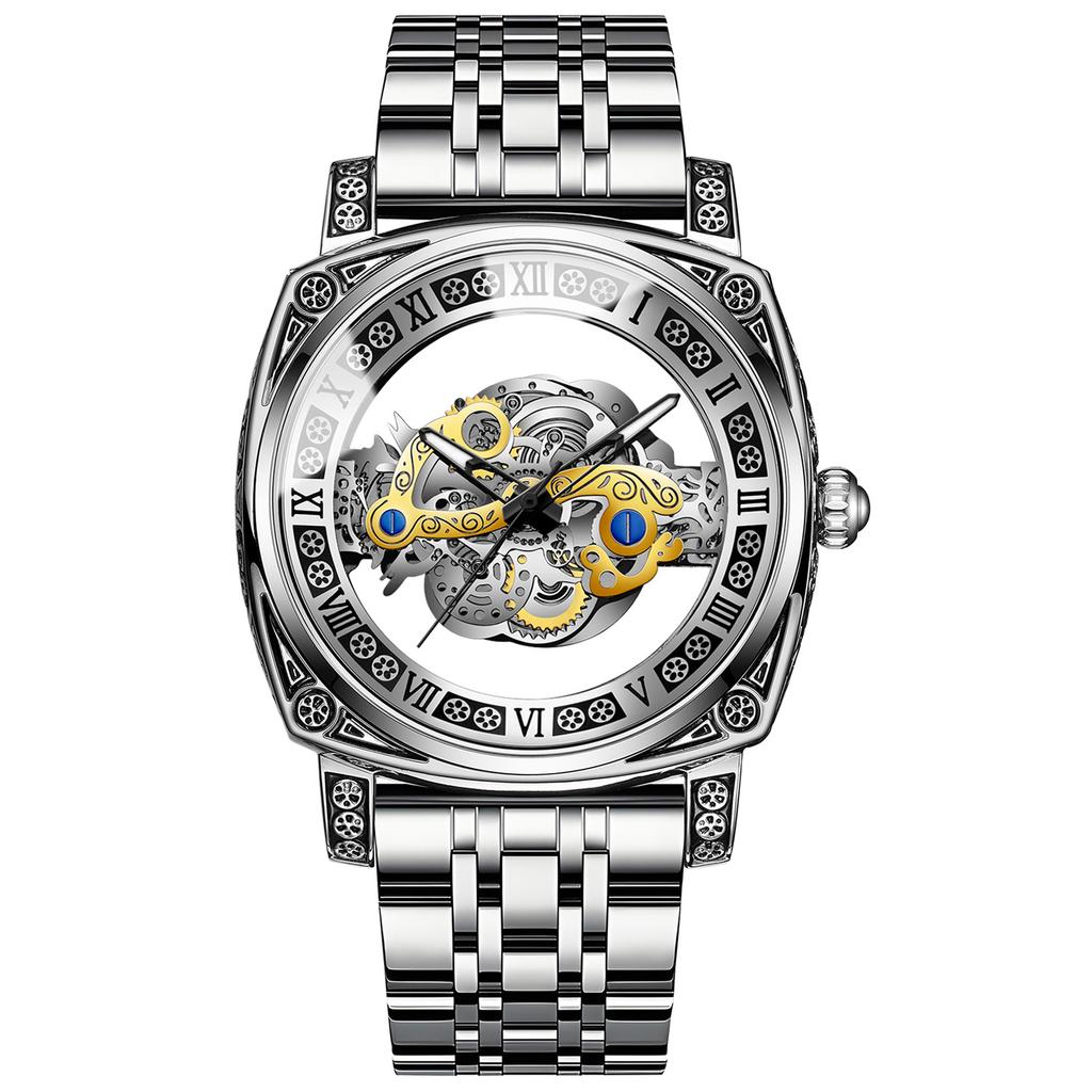 Men Watch Sports Retro Carved Genuine Leather Stainless Steel Tourbillon Waterproof Hollow Out Male Fashion Quartz Watches gift