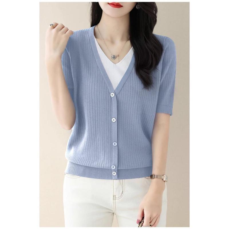 Haut côtelé pour femme Fausse pièce deux pièces Manches courtes Col en V Blouse