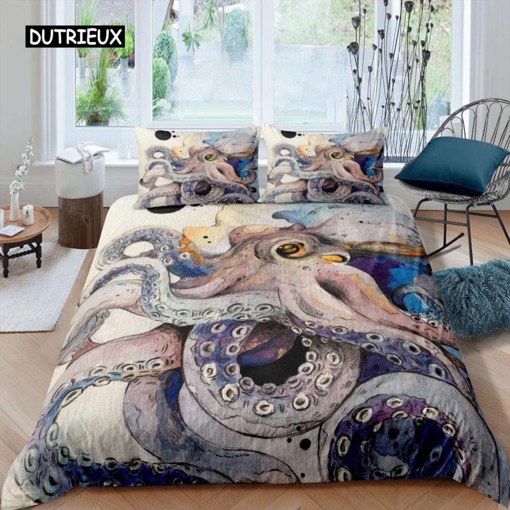 Octopus Duvet Cover Set Microfiber Green Octopus Tentacles Twin Bedding Set Sea Marine Theme Underwater Animal Comforter Cover