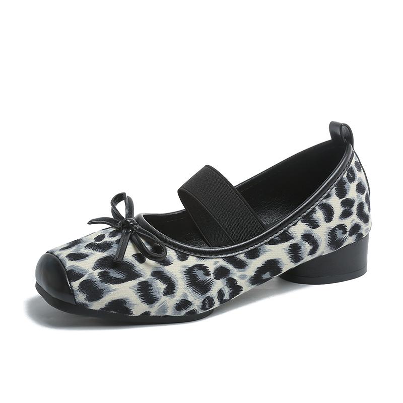 Leopard Square Toe Marie Janes Shoes Bow Women Sandals Ballet 2025 Trend Summer Casual Soft Sole Shoes Shallow Loafers Zapatos