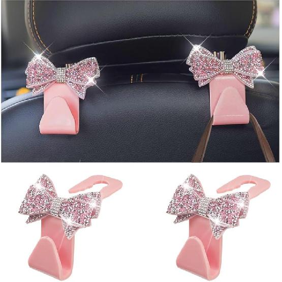 Bling Car Headreat Hook, 2PCS Crystal Rhinestone Cute Bow Vehicle Seat Back Hanger Storage For Purses Bags Grocery, Diamond Auto Rear Seat Organizer,