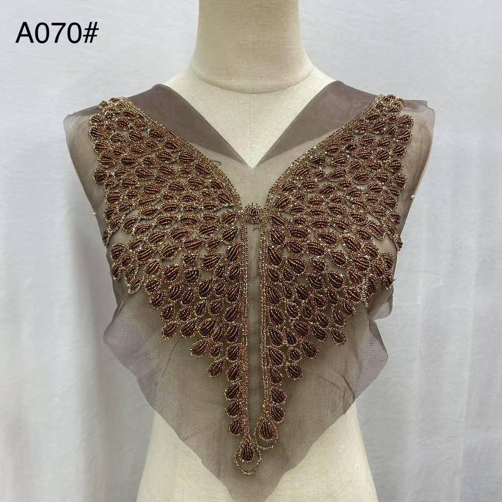 Beaded Rhinestone Crystal Fabric Bodice Applique Rose Gold Panel Pedreria Hand-Sewn Shank Style Corset Wedding Dress Evening