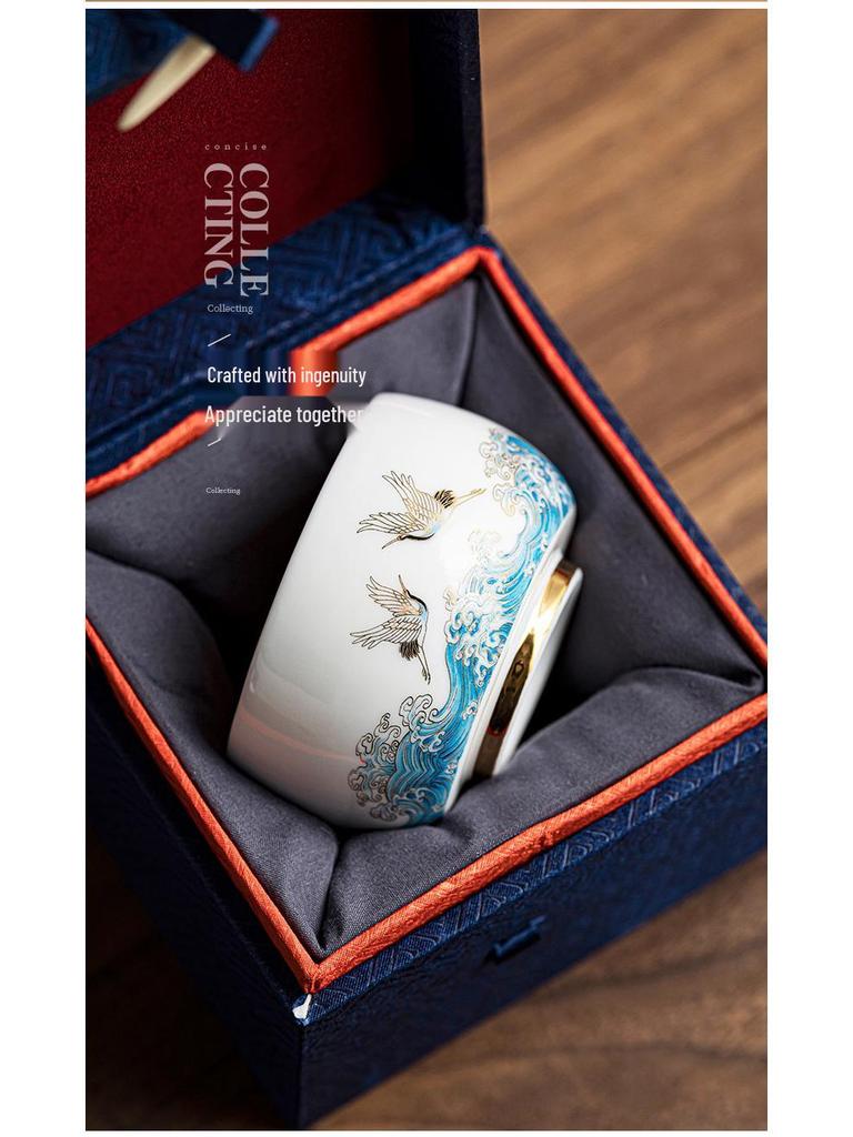 Gilt Ceramic Teacup - Mutton Fat Jade & Silver White Porcelain Kung Fu Tea Set