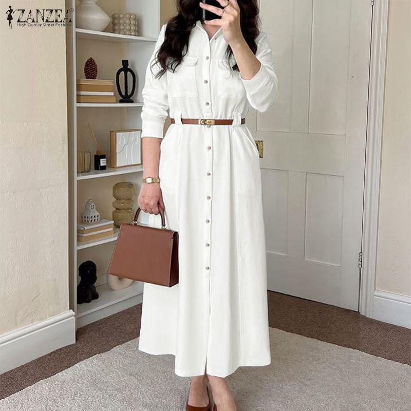 ZANZEA Damen Herbst Button-Down Langarm Midi Hemdblusenkleid