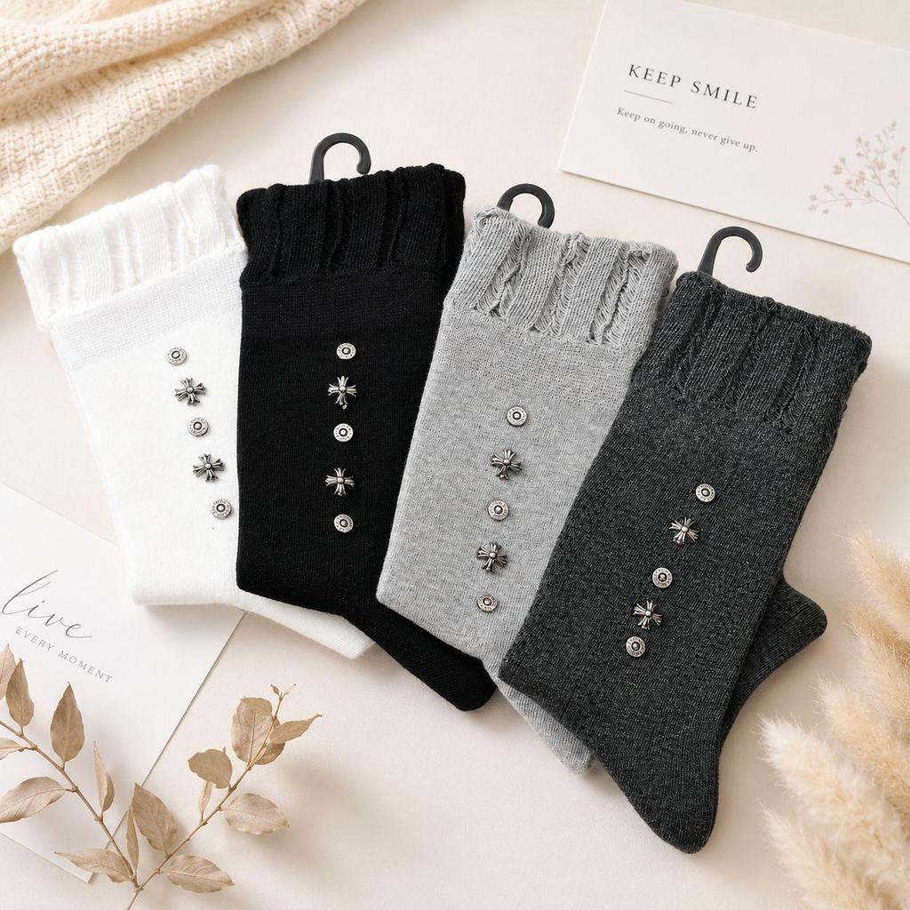 Women's Mid-Calf Socks with Metal Rivet Decor - Fine Combed Cotton, European Style Socks