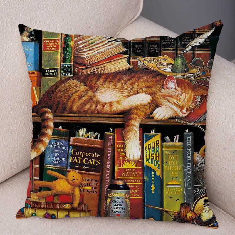 Oil Painting Color Cat Cushion Cover Pillowcase Home Decor Cartoon Animal Sofa Pillowcase Pillowcase Aesthetics