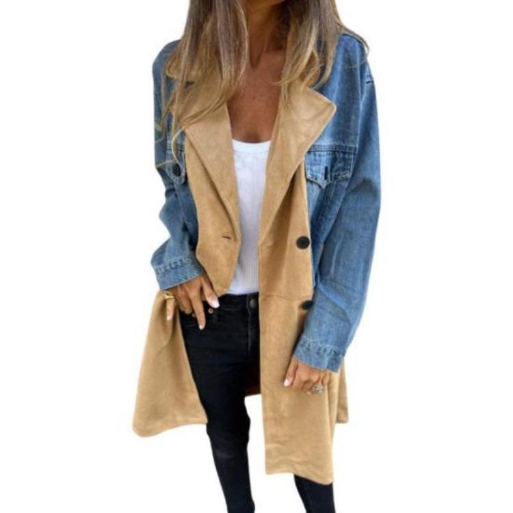 Mid Length Lady Overcoat Women Spring Fall Coat Denim Jacket Double Breasted Colorblock Patchwork with Flap Pockets