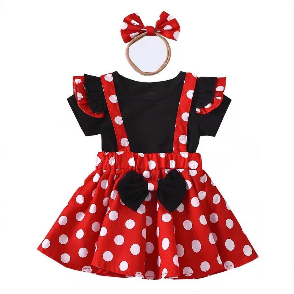 European & American Style Short-Sleeve Top, Polka Dot Overall Skirt, Headband Princess Set for Kids