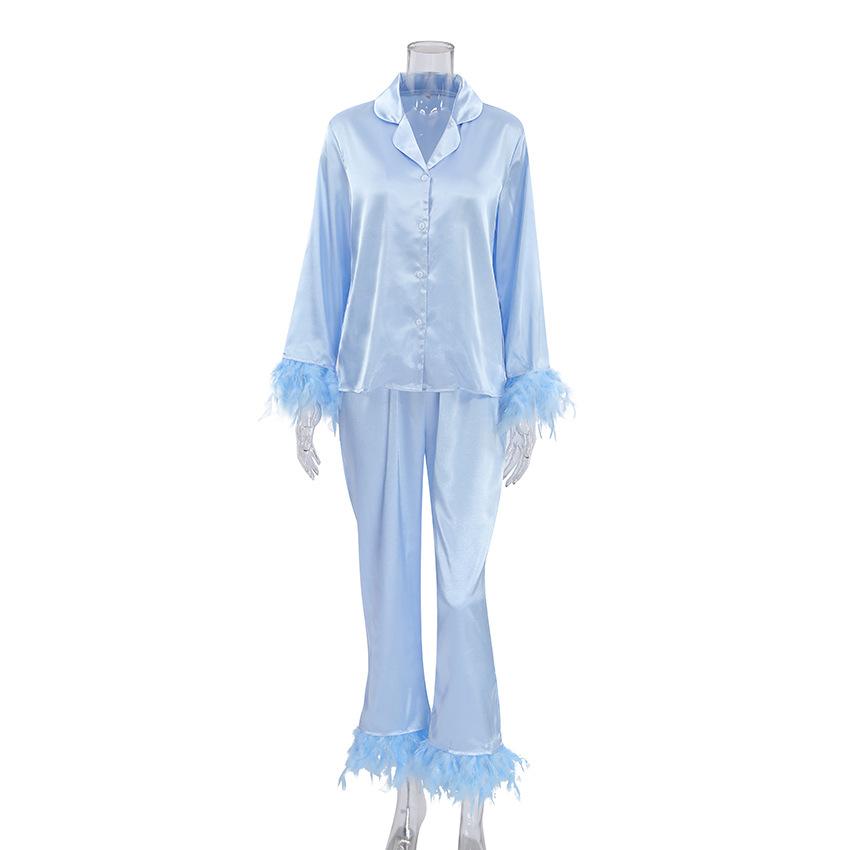 Trendy European American Ice Silk Pajama Set Fashion Ostrich Feather Shirt Long Pants Loose Fit Two Piece Home Service Outfit