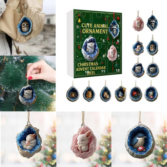 Christmas Geode Animal Advent Calendar 2025 2D Acrylic Forest Animals Xmas Tree Ornaments 12 Days Countdown Calendar for Holiday Decor