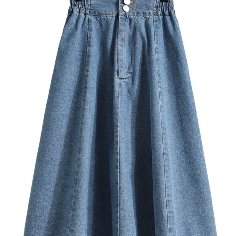 Spring Summer Mid-length Women's Elastic Waist Denim Skirt Pleated High Waist Thin Long Skirt