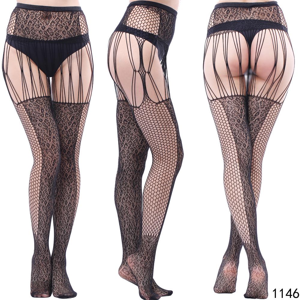 Sexy Elastic Fishnet Stockings with Garter Belt - Women's Open Crotch Fine Mesh Anti-Slip