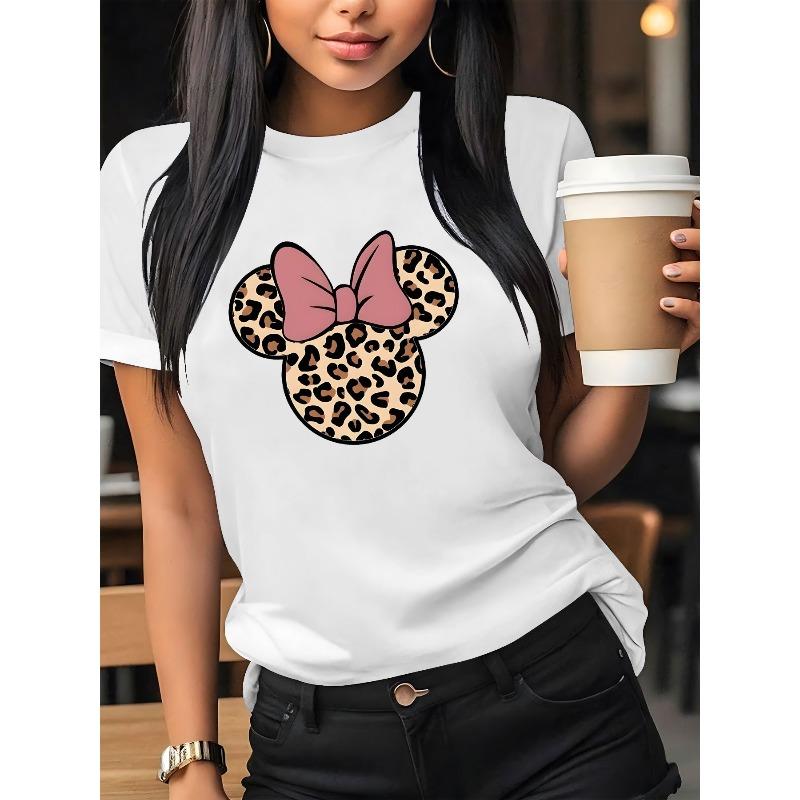 

Women S Casual Graphic Print T-Shirt - Short Sleeve Crew Neck, Leopard Print Bow Design, Lightweight Cotton, Perfect for Spring S белый