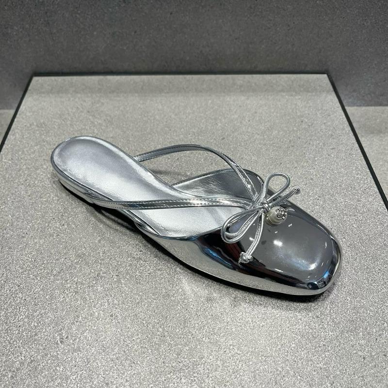 Fashion Low Heel Slippers Summer New Square Head Shallow Mouth Butterfly Knot Pearl Soft Sole Anti-slip Wear-resistant Sandals