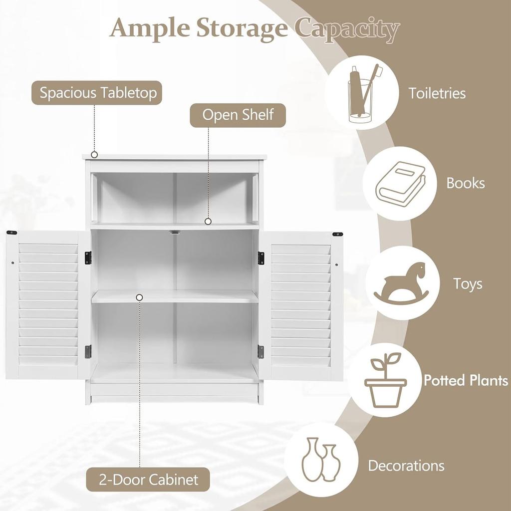 Bathroom Storage Cabinet White Water Proof Wooden Freestanding Cabinet with Removable Shelf Shutter Doors for Home Hotel