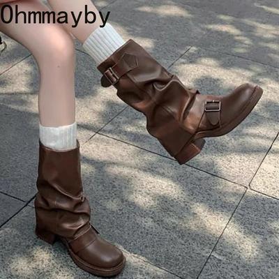 Women Western Cowgirl Booties Fashion Slip On Mid Calf Booties Retro Style Thick Heel Autumn Female Shoes