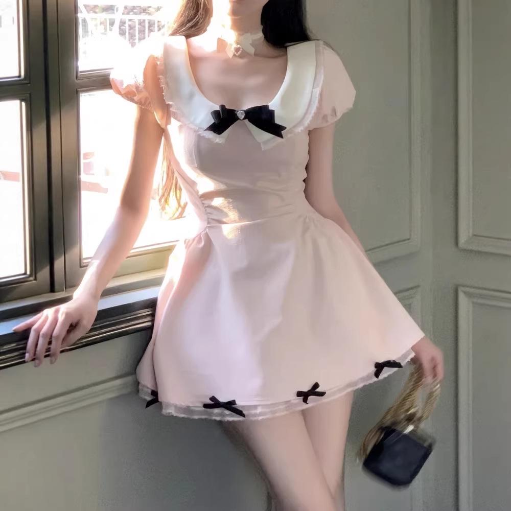French school style pink dress children's summer spring new small waist a word puffy skirt