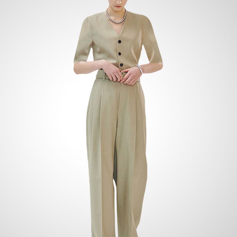 

OL Female Summer Half Sleeves Slim Looking Loose Pants Two-piece Set Gray Green + Gray Green XXL