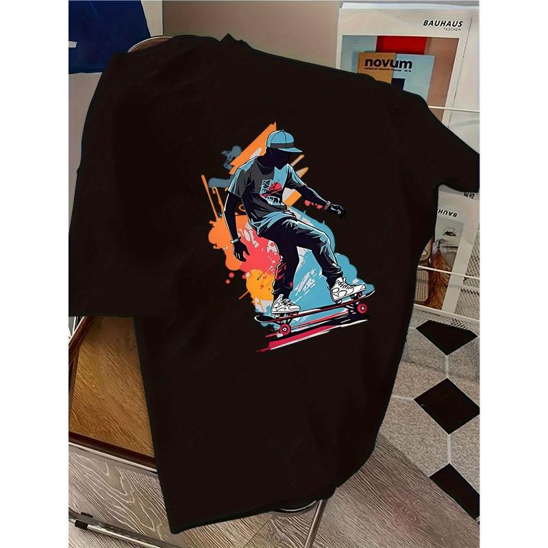 European Size Round Neck T-Shirt with Skateboarding Boy Print, Fashion Casual Summer New Arrival Loose-Fit Comfortable Breathable Design Simple