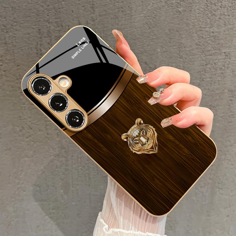 Gold Tiger Relief Pattern 2D Phone Case for Samsung S26 S25 S24 S23 S22 S21 S20 A56 A36 A16 - Golden Glass Protective Cover