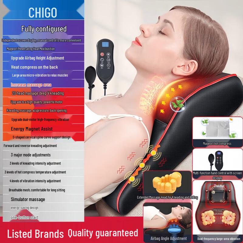 Chigo Smart Back & Waist Massage Cushion with Heat CN Plug (adapter Included)