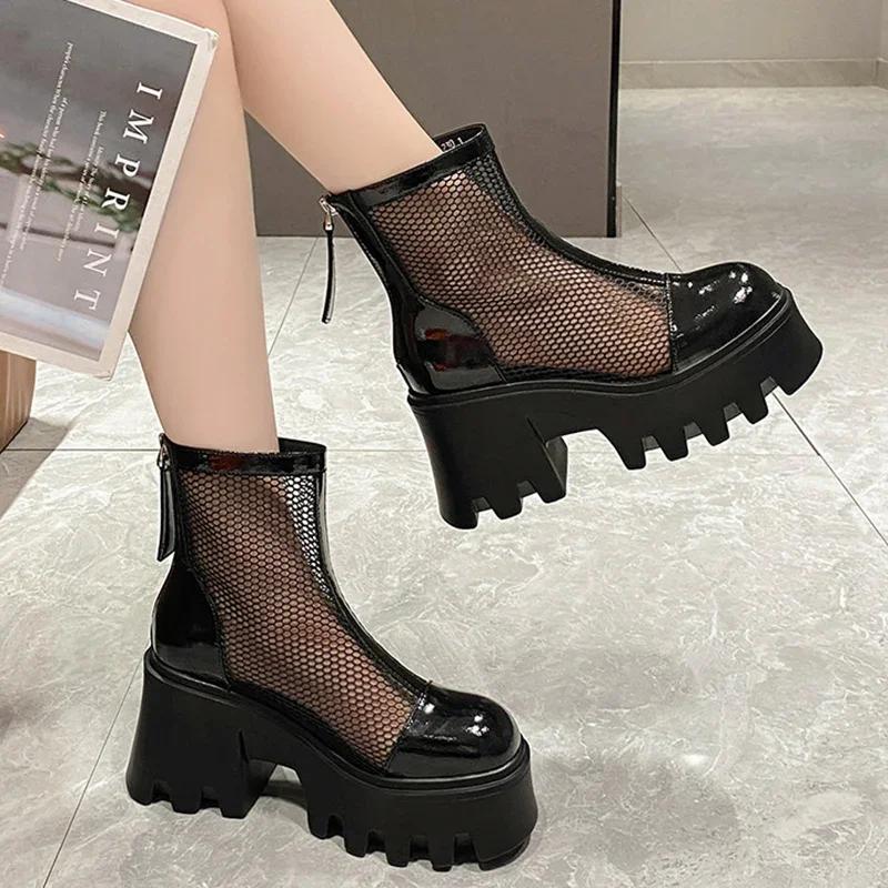 Fashion Black Gothic Style Platform Ankle Boots for Women Thick Bottom Breathable Summer Boots Woman 2025 Punk Chunky High Heels Booties