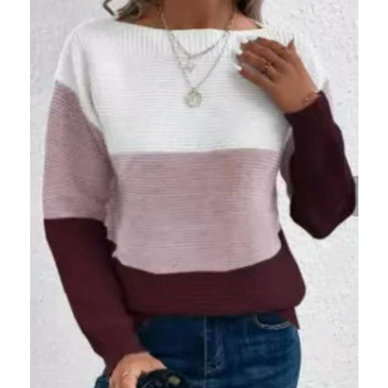 Damen S Farbblock Strickpullover Rundhalsausschnitt Langarm Pullover