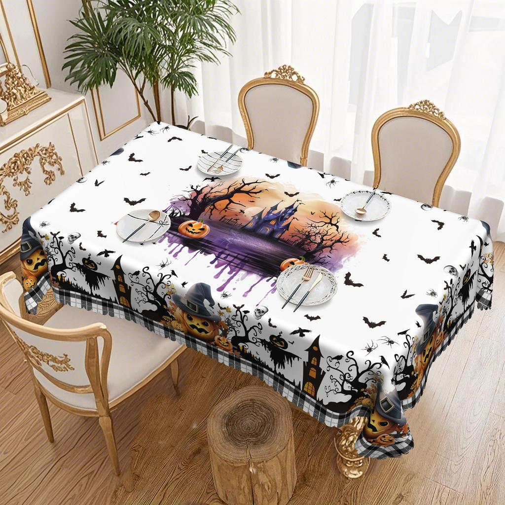 1 Halloween-Themed Scary Castle Print Plaid Pattern Round Tablecloth, Bat, Rectangular Tablecloth