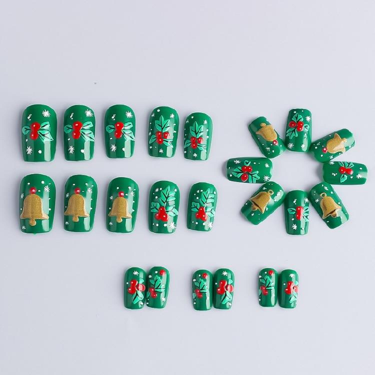 ABS Press On Nail 24PCS Christmas Snowflake Green Bell Design Reusable Artificial Nail For Festive Occasions