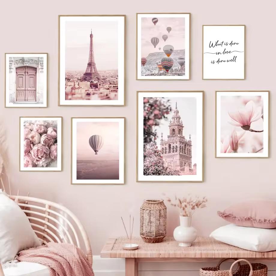 Pariser Turm Kirche Retro Auto Pfingstrose Wandkunst Leinwandbild Nordische Poster Drucke Wohnzimmer Heimdekoration Landschaftsmalerei