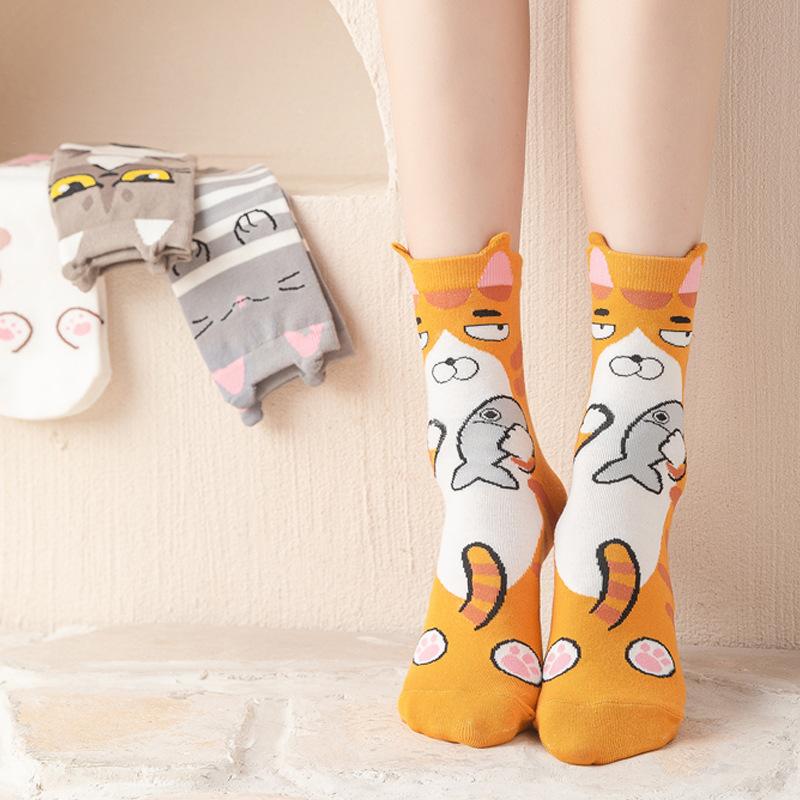 Women's Cute Cartoon Cat Mid-Calf Socks 3D Ears Lucky Cat Cotton Casual Socks