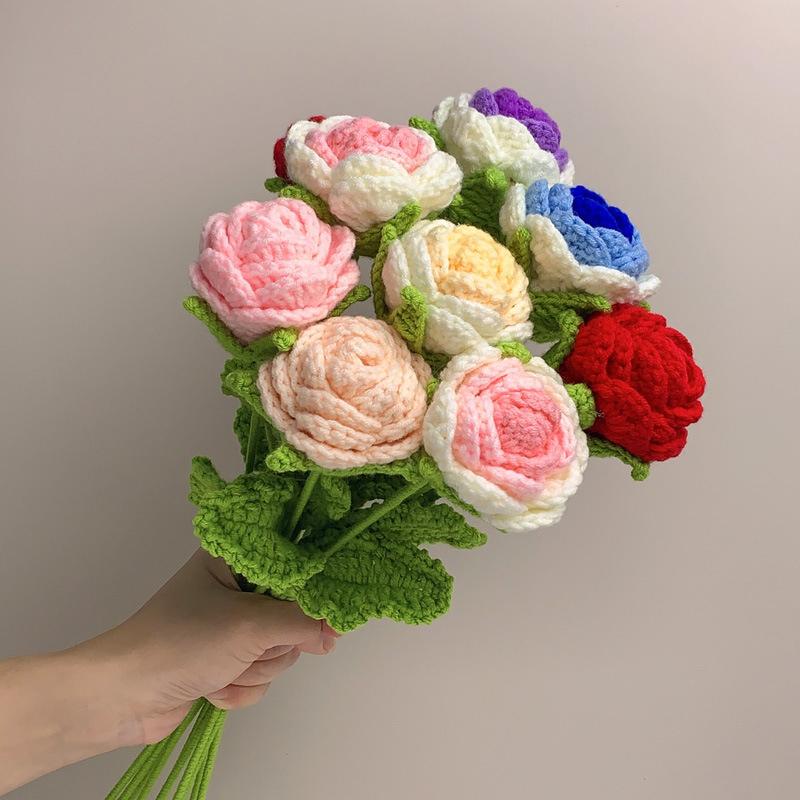 1PC Knitted Flower Rose Fake Flowers Bouquet Wedding Party Decoration Hand Knitting Crochet Woven Artificial Flower Table Decor